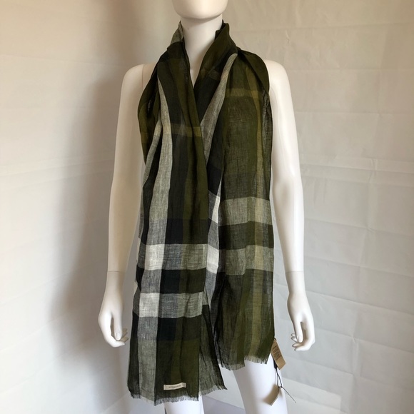 Burberry Olive Green Exploded Linen Nova Scarf NWT - Picture 5 of 8